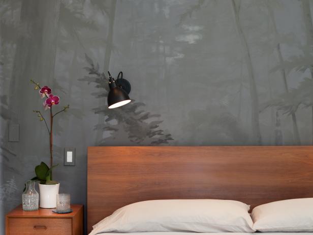 White California Redwood Mural Gray Modern Bedroom